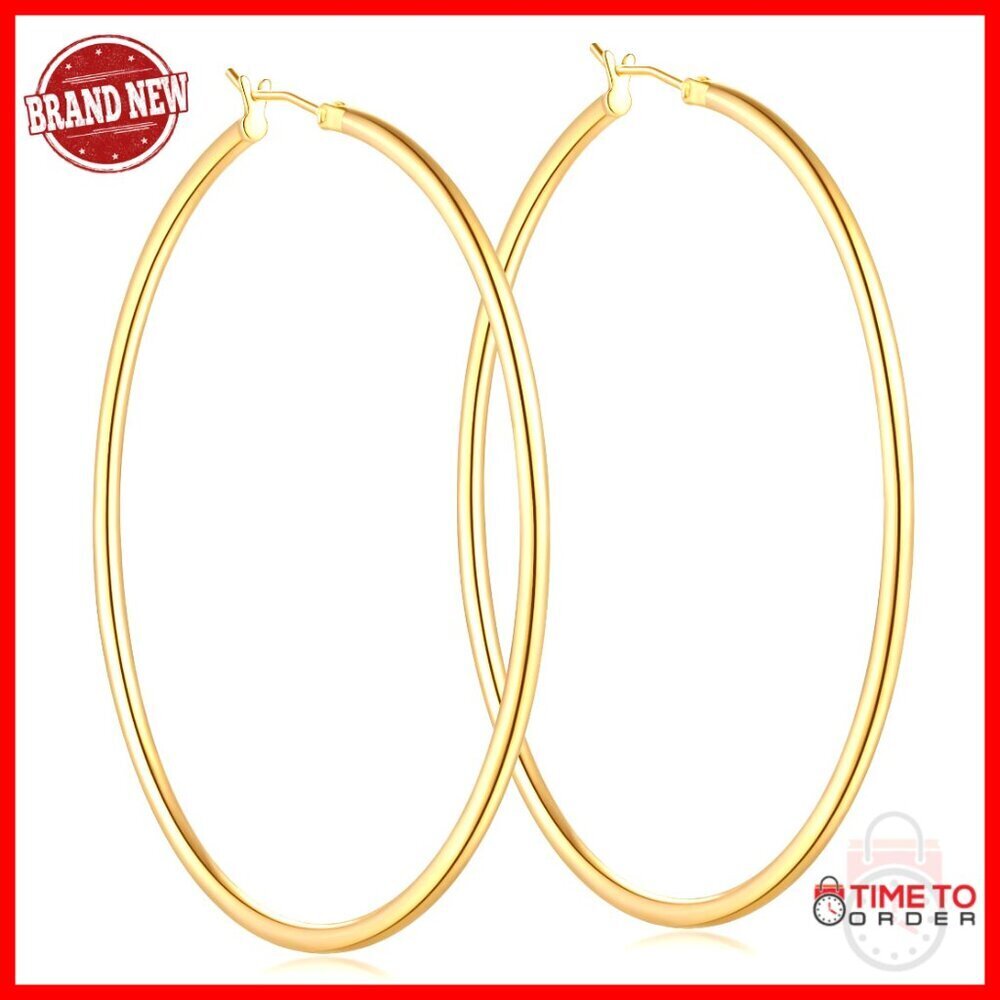 14K Gold Plated Hoop Earrings, 6 Sizes 20-70mm, Lightweight Classic Design